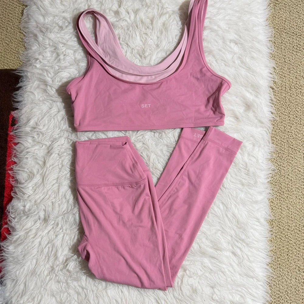 NEW Set Active Large XL Pink Matching Set Glossy Leggings Double Layer Sport bra